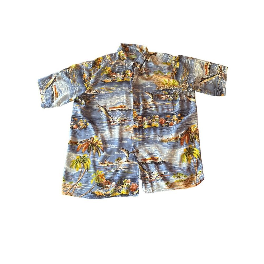 Reyn Spooner Hawaiian Shirt Marlin Fishing Print 100% Rayon Tailored In Hawaii S